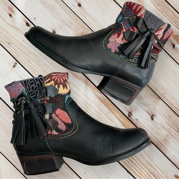 L' Artiste Spring Step Live Leather Tapestry Floral Ankle Bootie Fringe Women - Picture 2 of 15